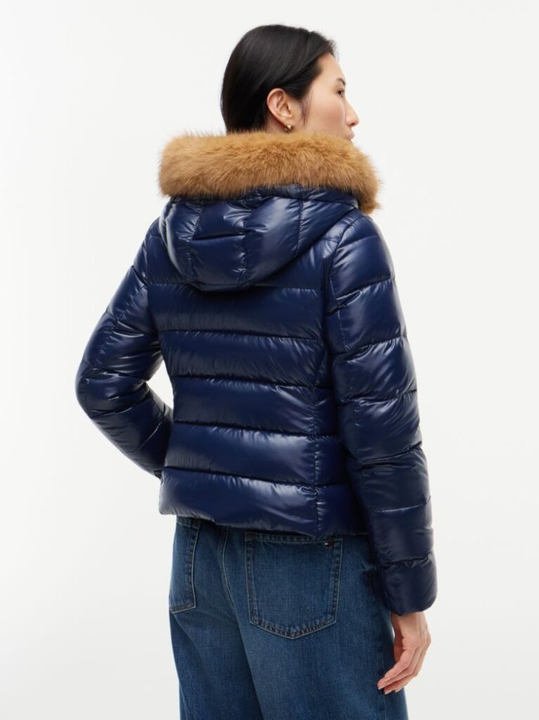 Blue Shiny Down Faux Fur Hooded Fitted Jacket  Women