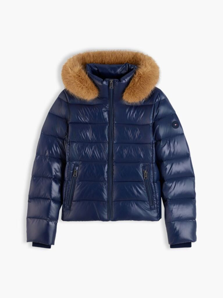 Blue Shiny Down Faux Fur Hooded Fitted Jacket  Women