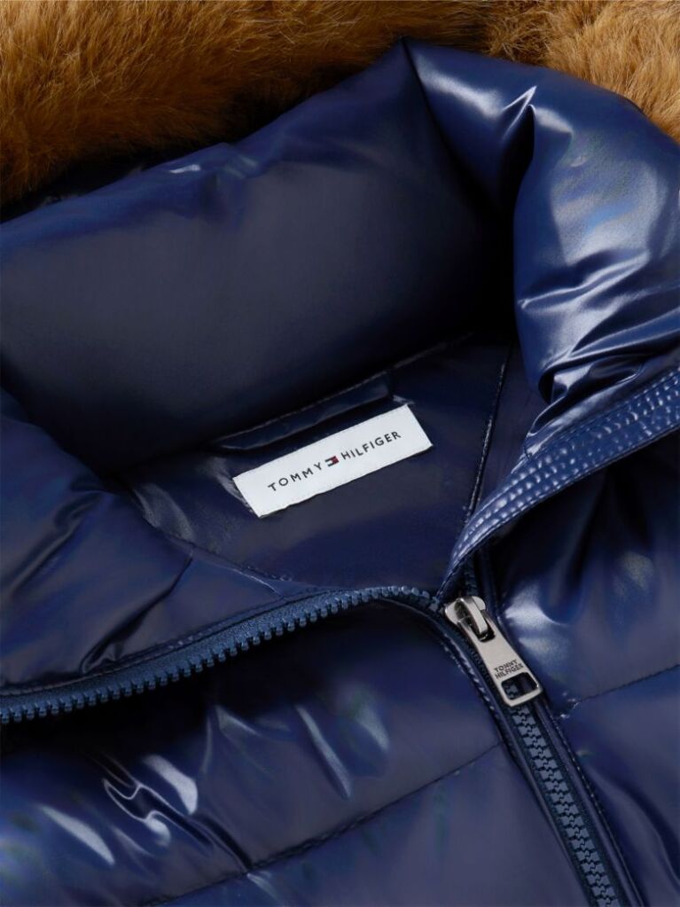 Blue Shiny Down Faux Fur Hooded Fitted Jacket  Women