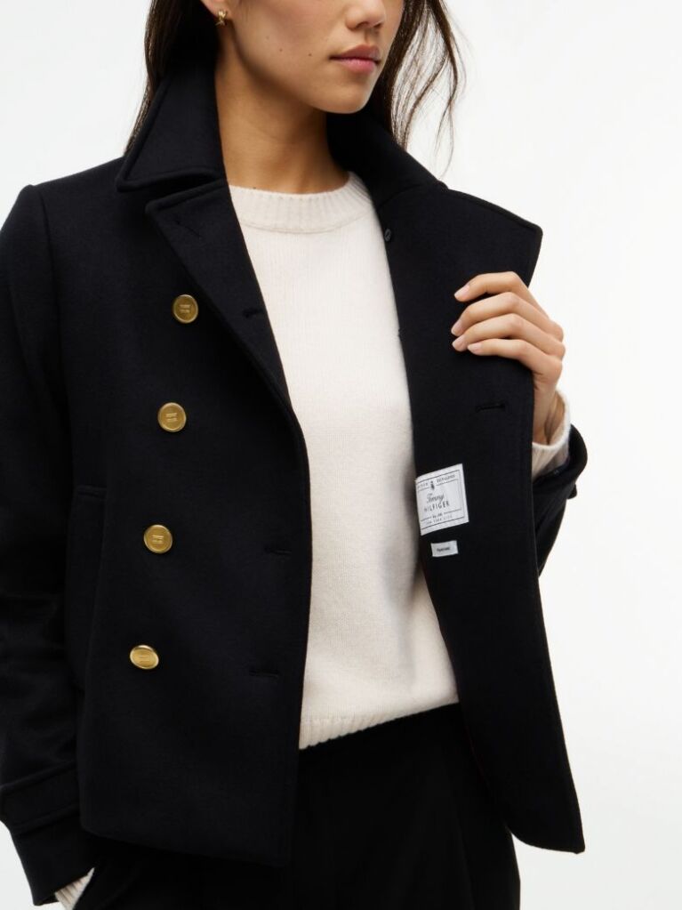 Black Manteco Wool Blend Slim Peacoat Jacket  Women