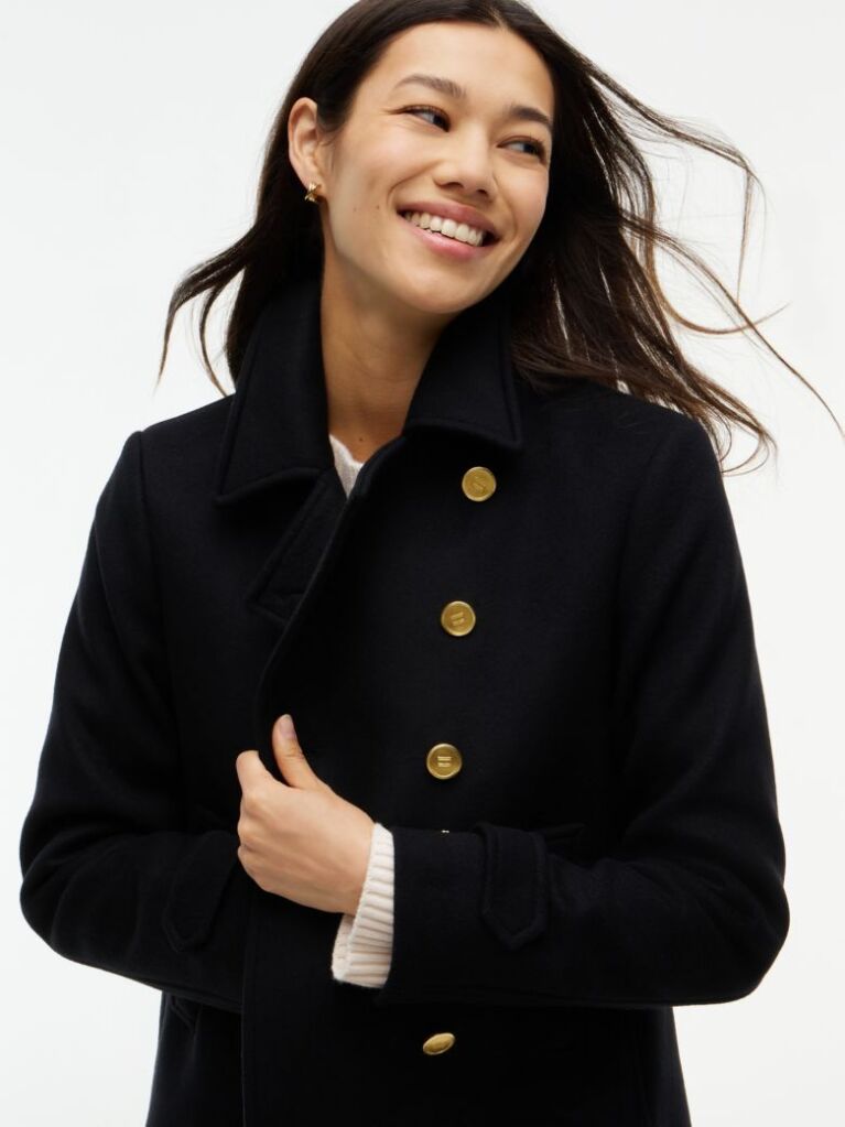 Black Manteco Wool Blend Slim Peacoat Jacket  Women