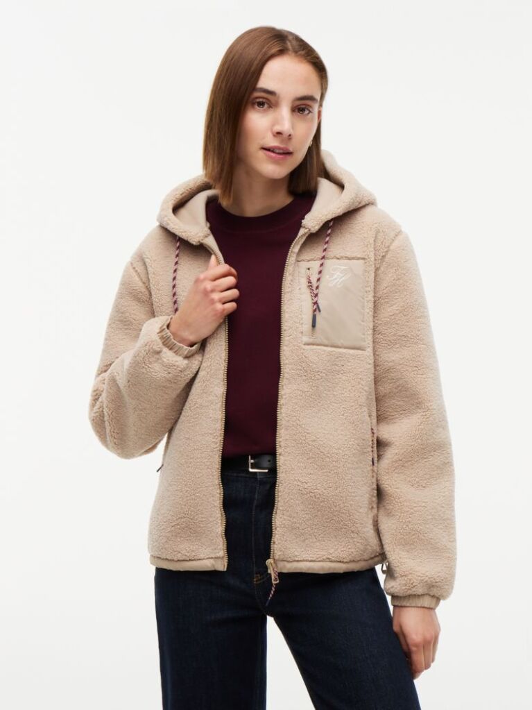 Beige Teddy Fleece Zip-Thru Relaxed Hooded Jacket  Women