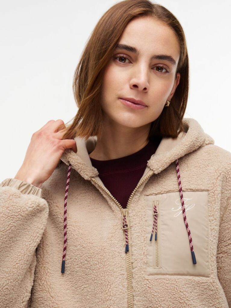 Beige Teddy Fleece Zip-Thru Relaxed Hooded Jacket  Women