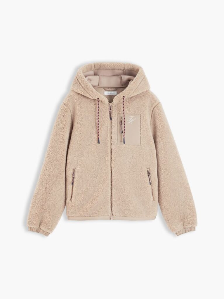 Beige Teddy Fleece Zip-Thru Relaxed Hooded Jacket  Women