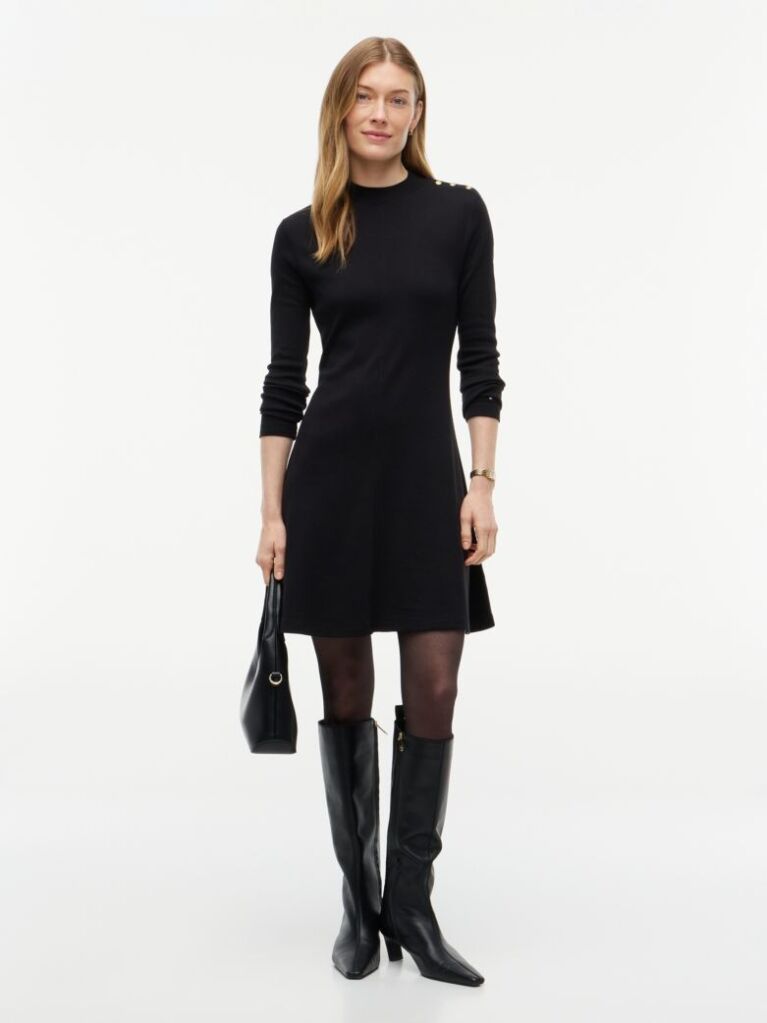 Black Gold-Tone Button Long Sleeve Midi Flare Dress  Women