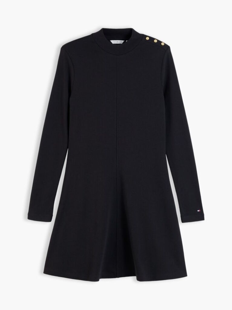 Black Gold-Tone Button Long Sleeve Midi Flare Dress  Women