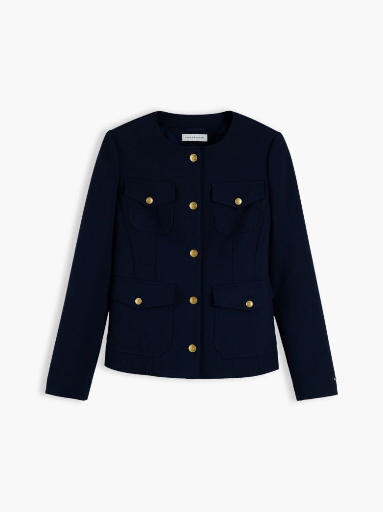 Blue Gold-Tone Button Collarless Slim Jacket  Women