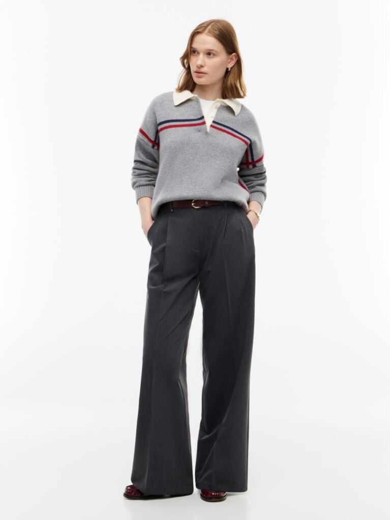 Grey Pleated Twill Wide Leg Trousers  Women