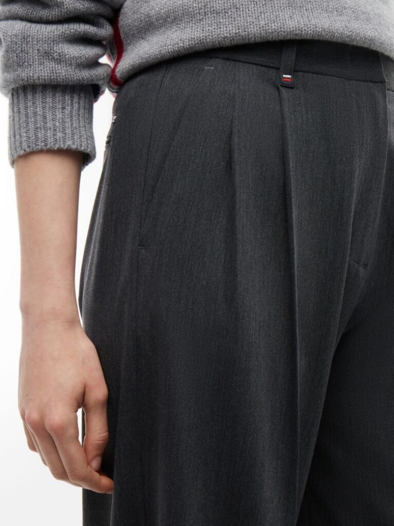 Grey Pleated Twill Wide Leg Trousers  Women