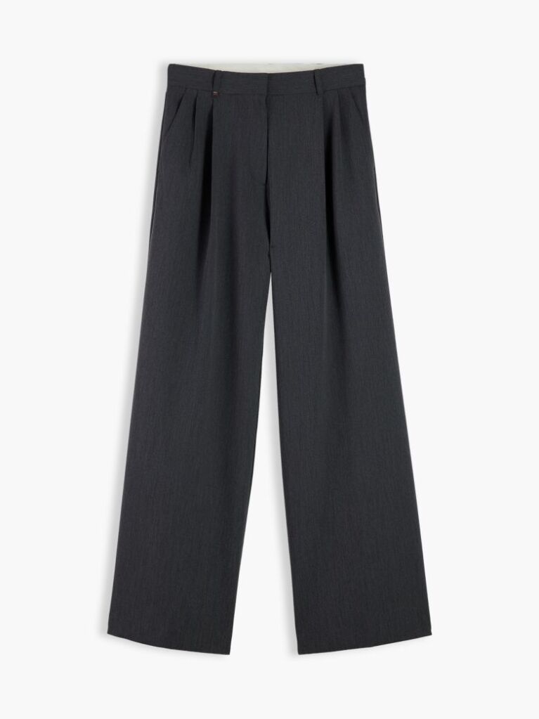 Grey Pleated Twill Wide Leg Trousers  Women