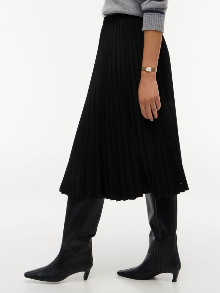 Black Pleated Twill Midi Skirt  Women