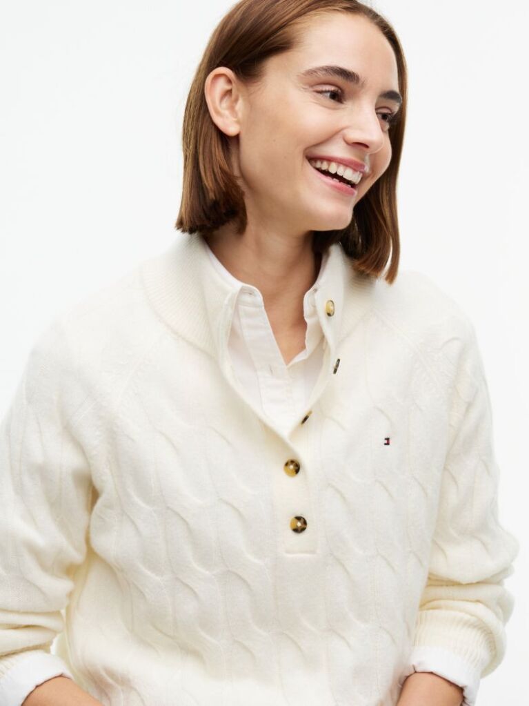 Beige Pure Wool Button Mock Neck Jumper  Women