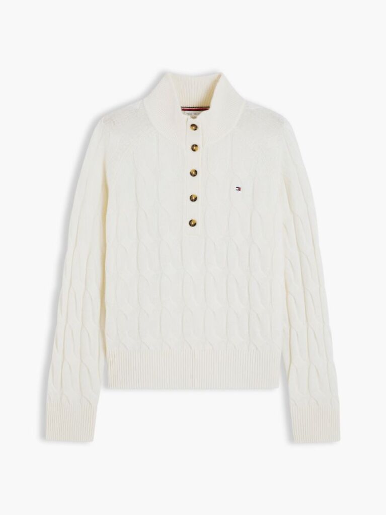 Beige Pure Wool Button Mock Neck Jumper  Women