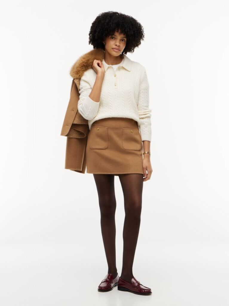 Brown Gold-Tone Button Wool Blend Mini Skirt  Women