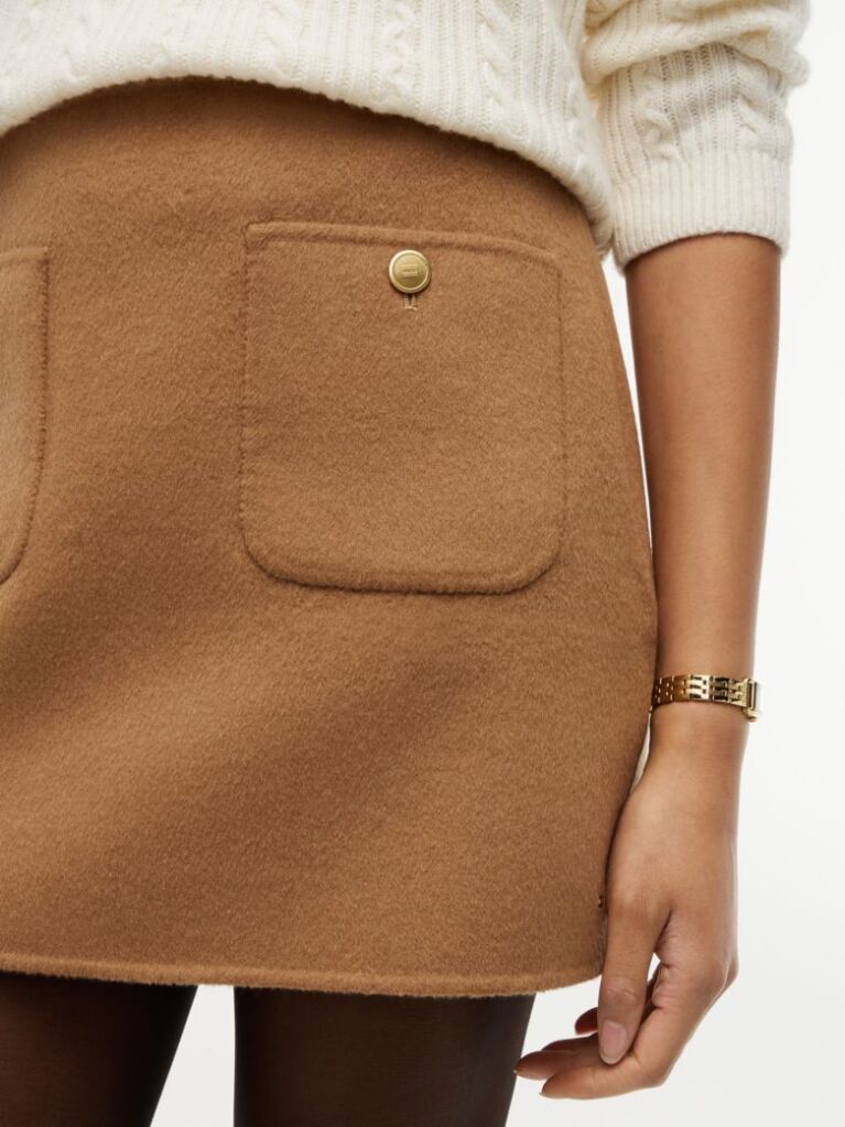 Brown Gold-Tone Button Wool Blend Mini Skirt  Women