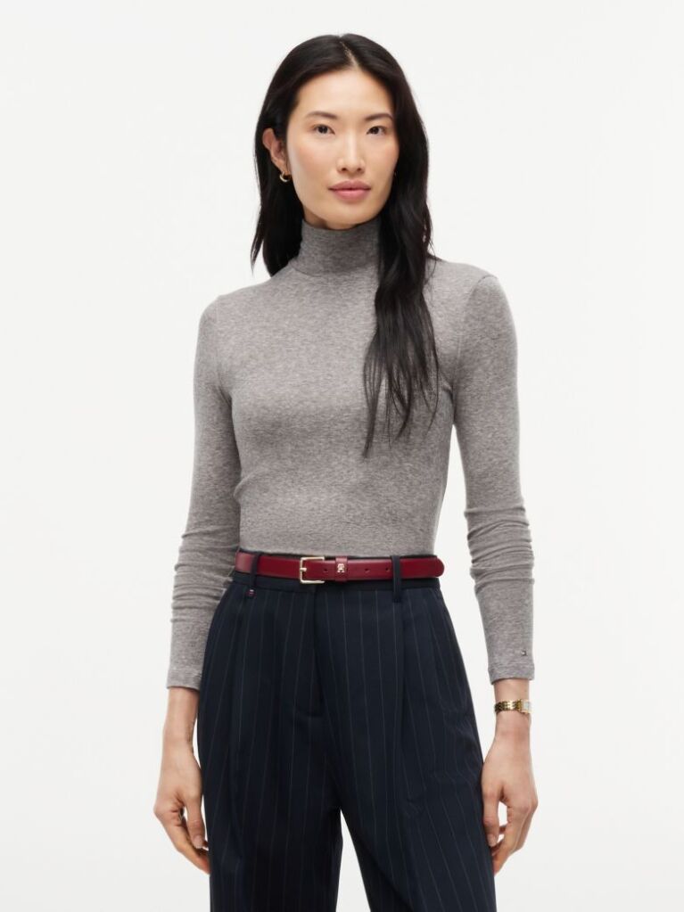 Grey Slim Mock Neck Long Sleeve Top  Women