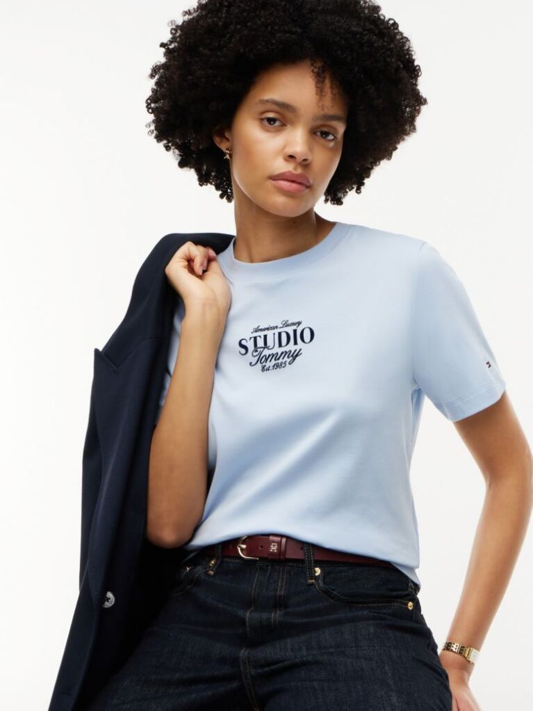 Blue Logo Interlock Knit Crew Neck T-Shirt  Women