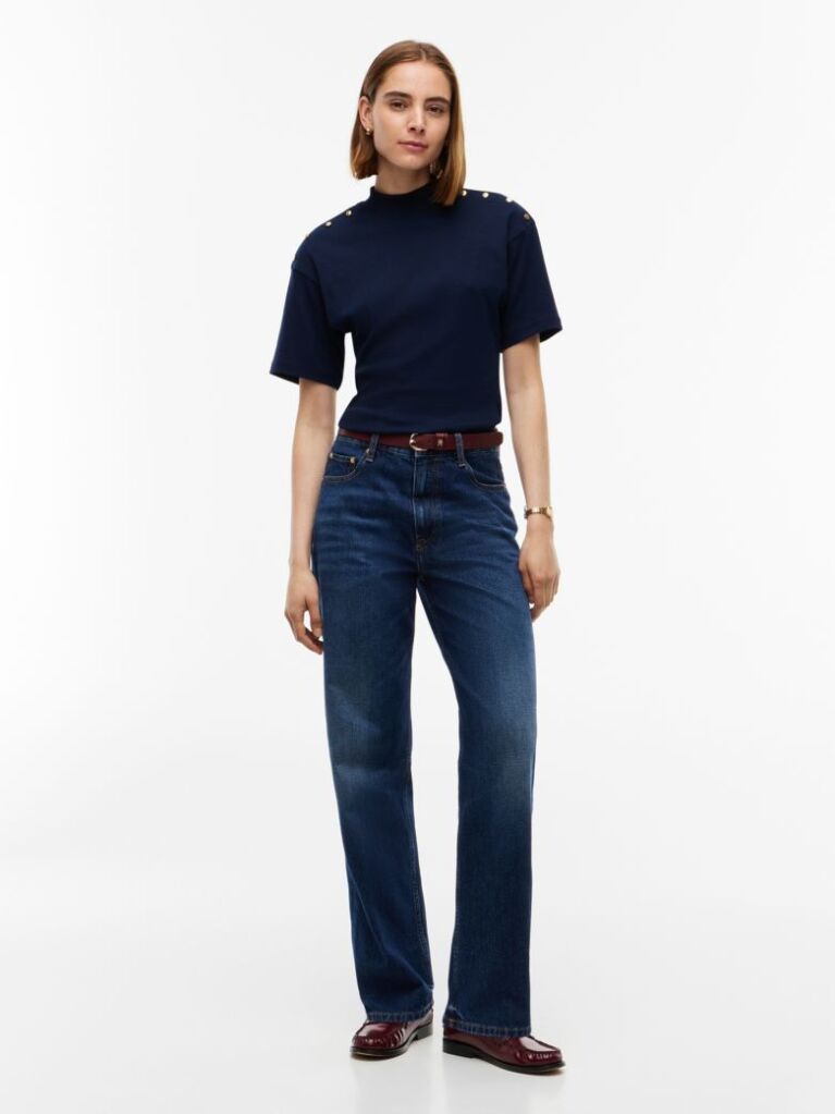 Blue Gold-Tone Button Mock Neck T-Shirt  Women