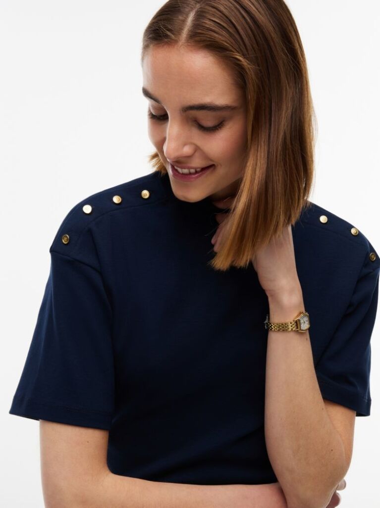Blue Gold-Tone Button Mock Neck T-Shirt  Women