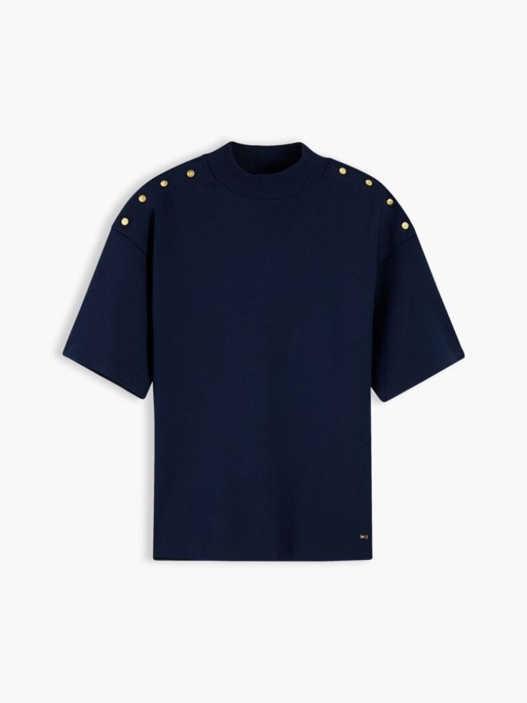 Blue Gold-Tone Button Mock Neck T-Shirt  Women