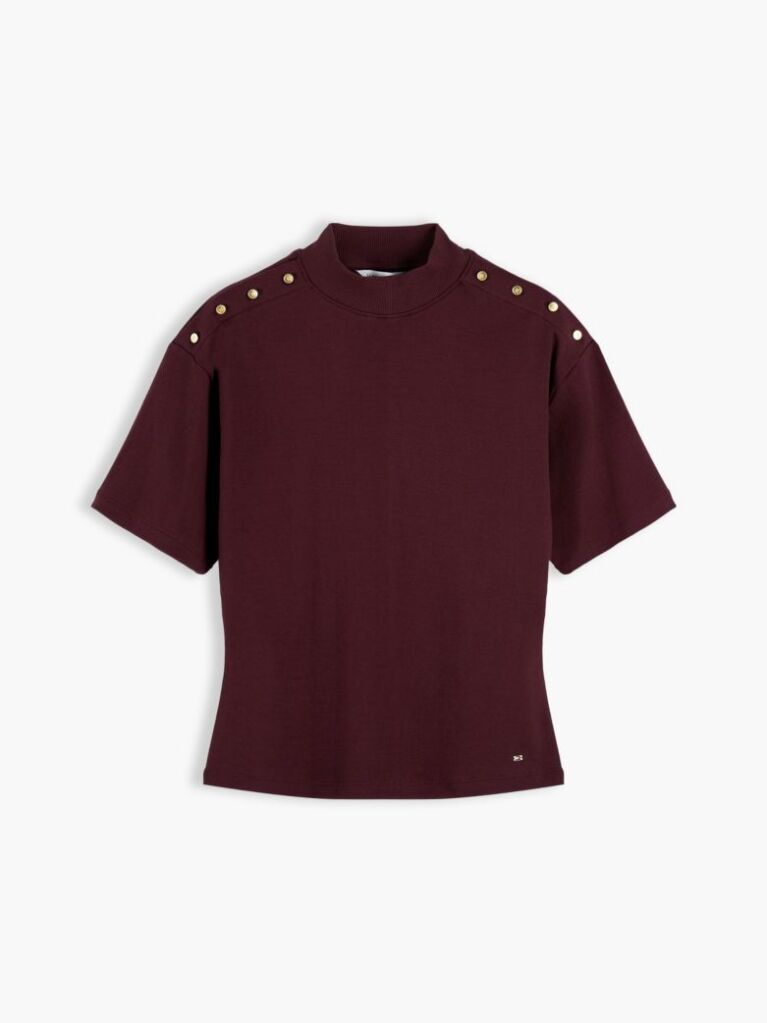 Κόκκινο T-Shirt Με Χρυσά Κουμπιά Και Λαιμόκοψη Mock  Γυναίκες