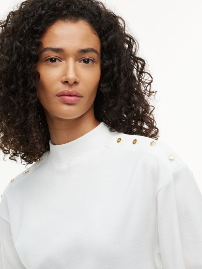 Beige Gold-Tone Button Mock Neck T-Shirt  Women