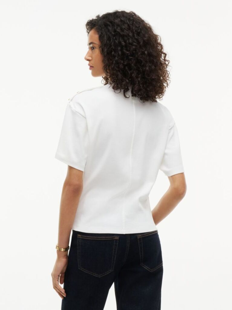 Beige Gold-Tone Button Mock Neck T-Shirt  Women