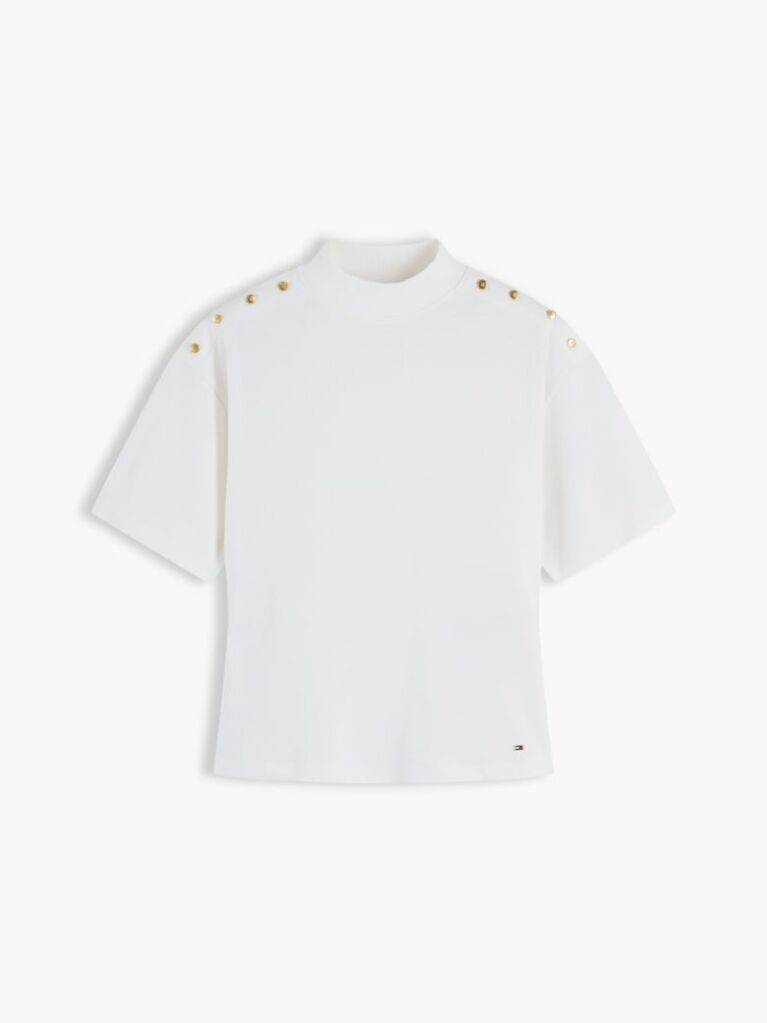 Beige Gold-Tone Button Mock Neck T-Shirt  Women