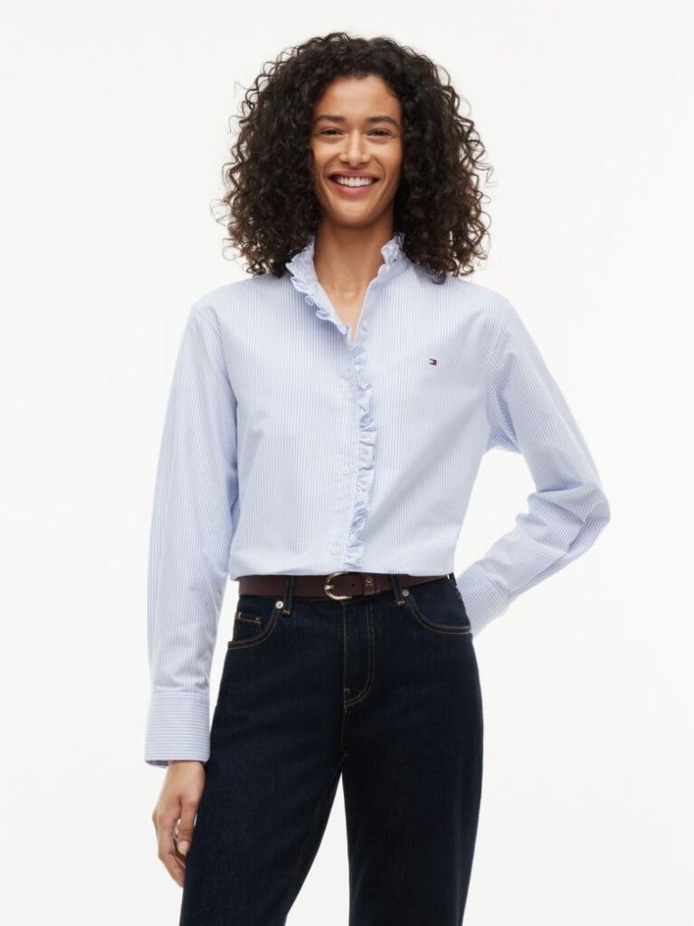 Blue Ruffle Collar Yarn Dyed Oxford Shirt  Women
