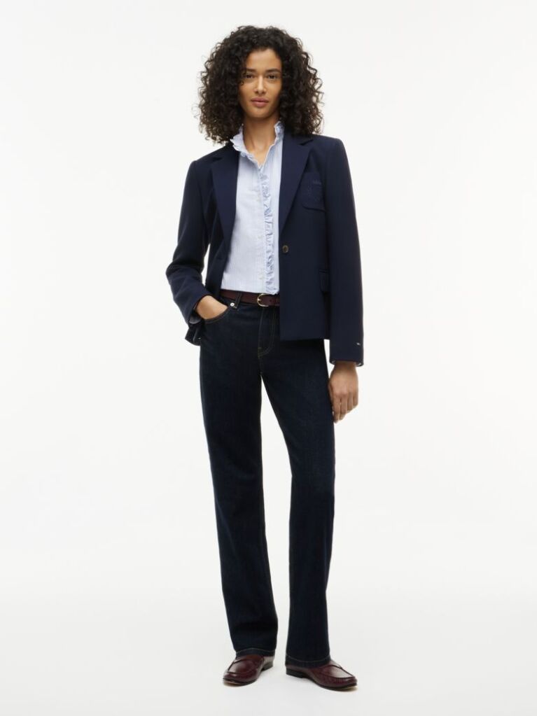 Blue Ruffle Collar Yarn Dyed Oxford Shirt  Women