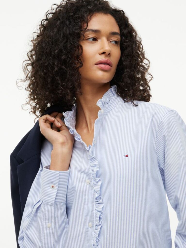 Blue Ruffle Collar Yarn Dyed Oxford Shirt  Women