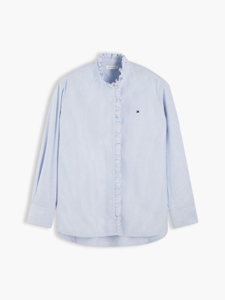 Blue Ruffle Collar Yarn Dyed Oxford Shirt  Women
