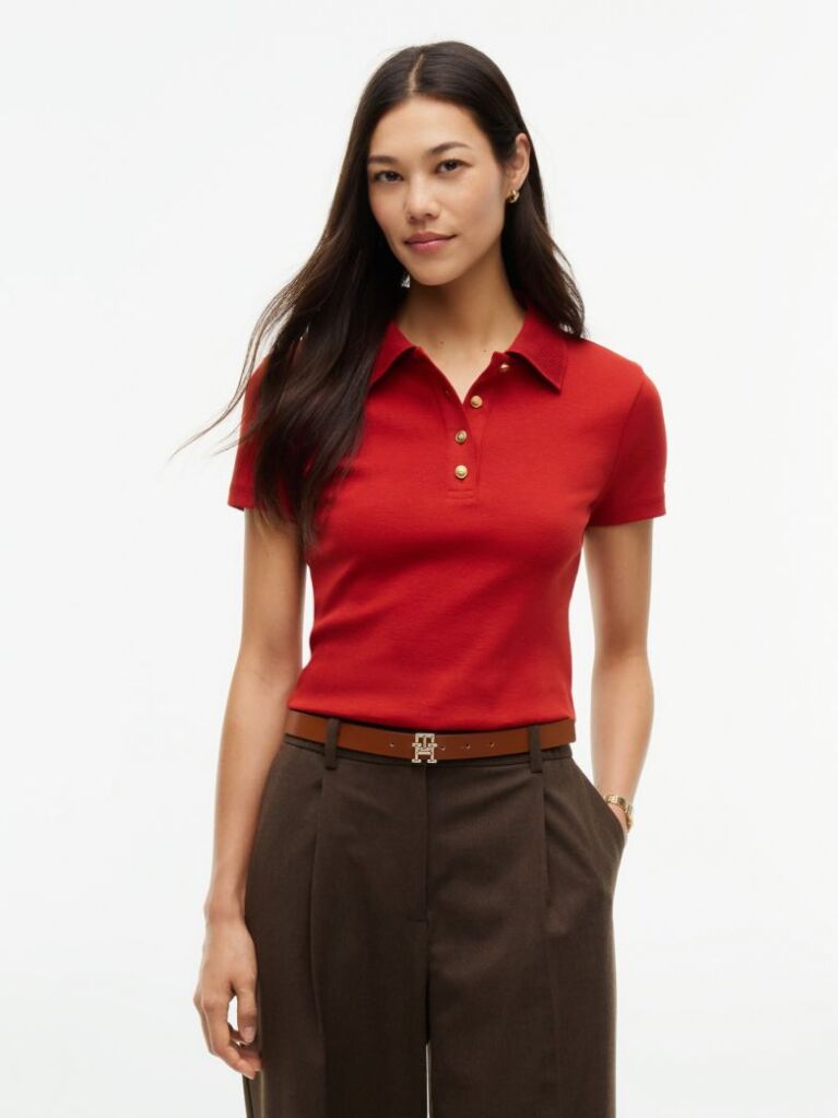 Red Slim Fit Gold-Tone Button Polo Shirt  Women