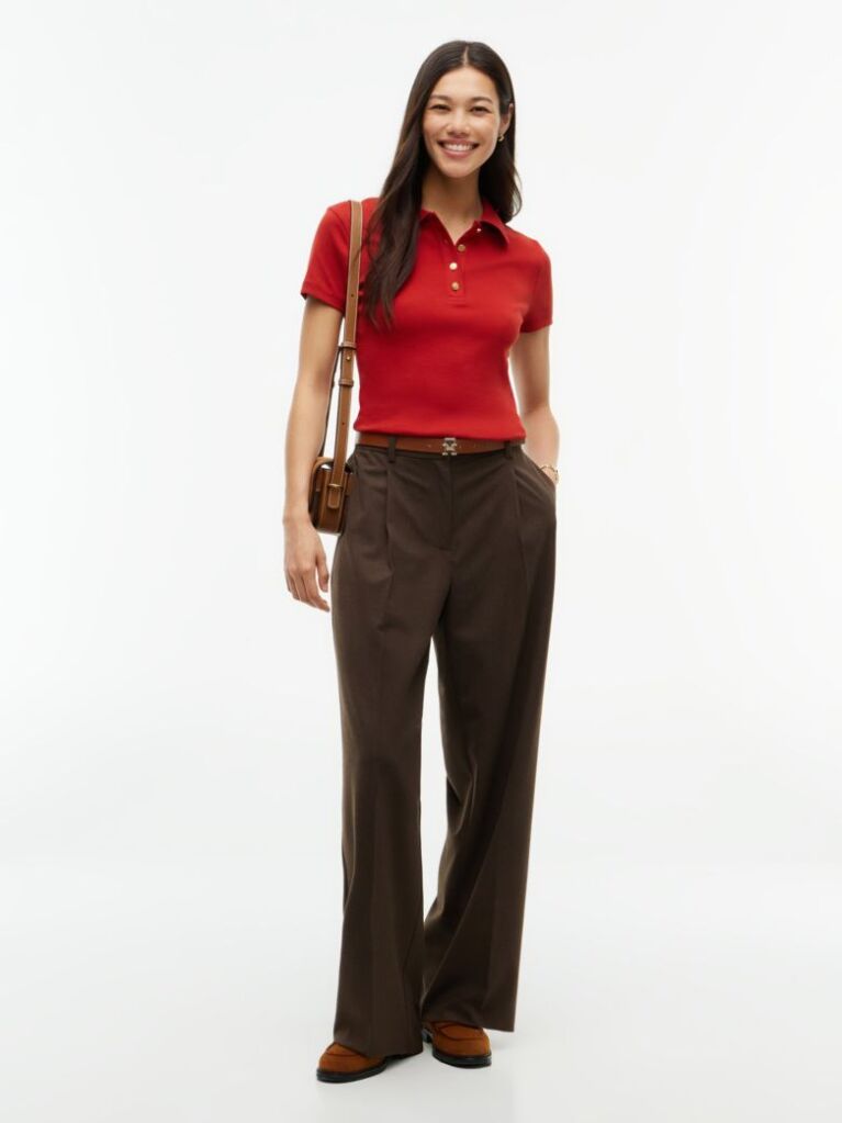 Red Slim Fit Gold-Tone Button Polo Shirt  Women