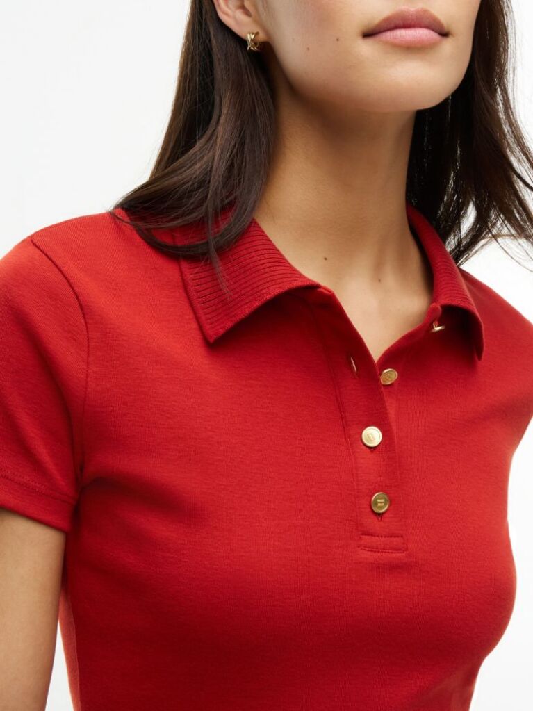 Red Slim Fit Gold-Tone Button Polo Shirt  Women