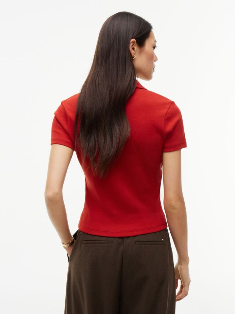 Red Slim Fit Gold-Tone Button Polo Shirt  Women