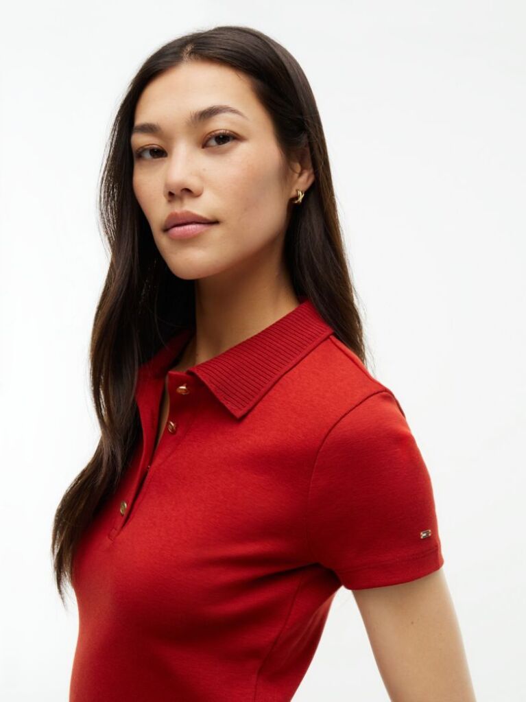 Red Slim Fit Gold-Tone Button Polo Shirt  Women