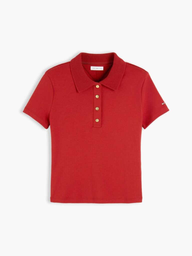 Red Slim Fit Gold-Tone Button Polo Shirt  Women