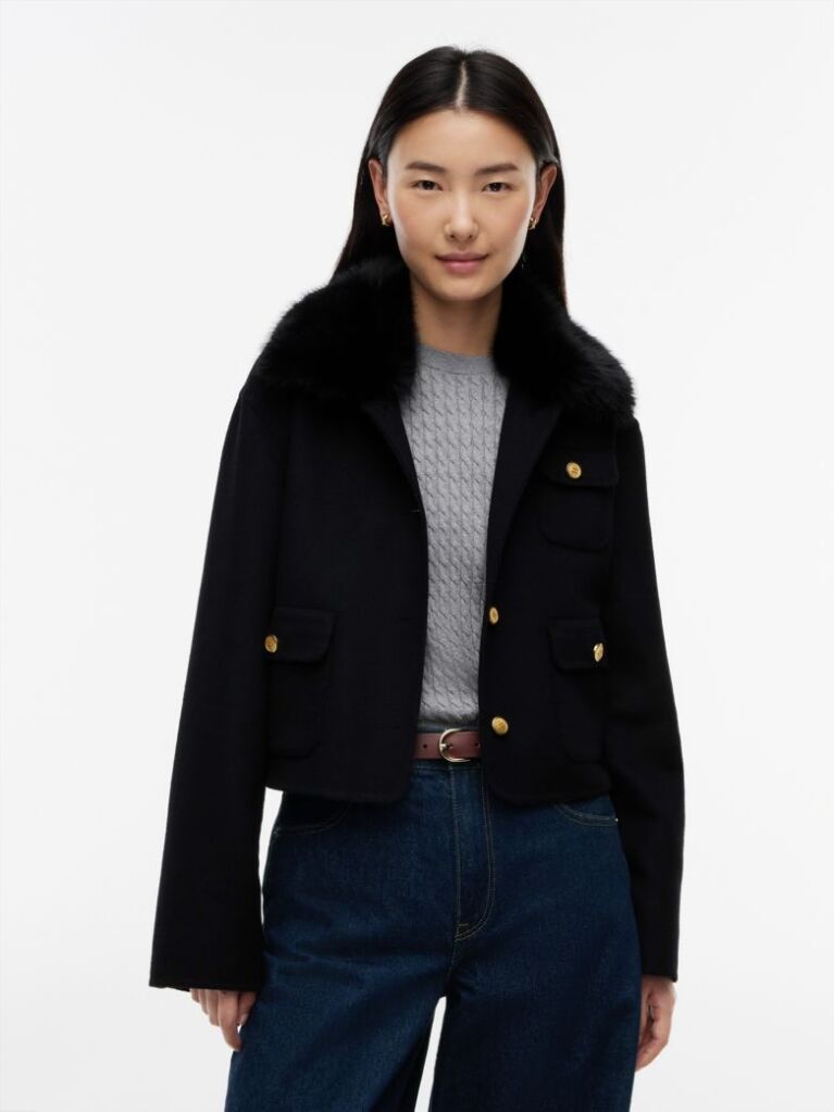 Black Faux Fur Collar Wool Blend Jacket  Women