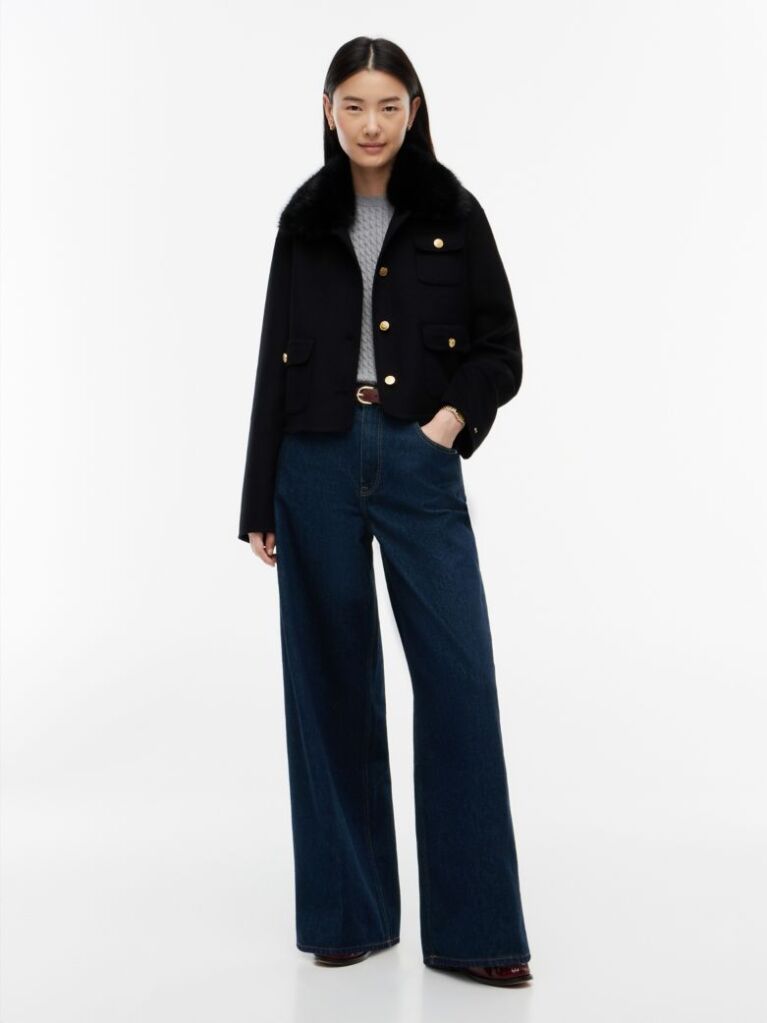 Black Faux Fur Collar Wool Blend Jacket  Women