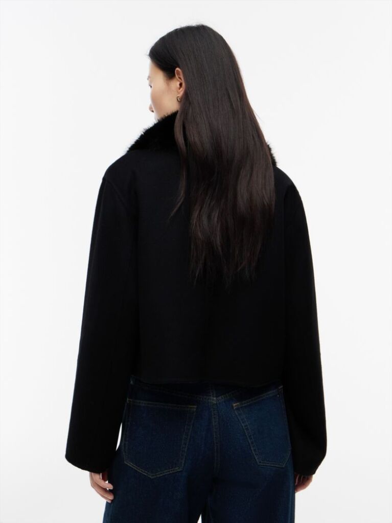 Black Faux Fur Collar Wool Blend Jacket  Women