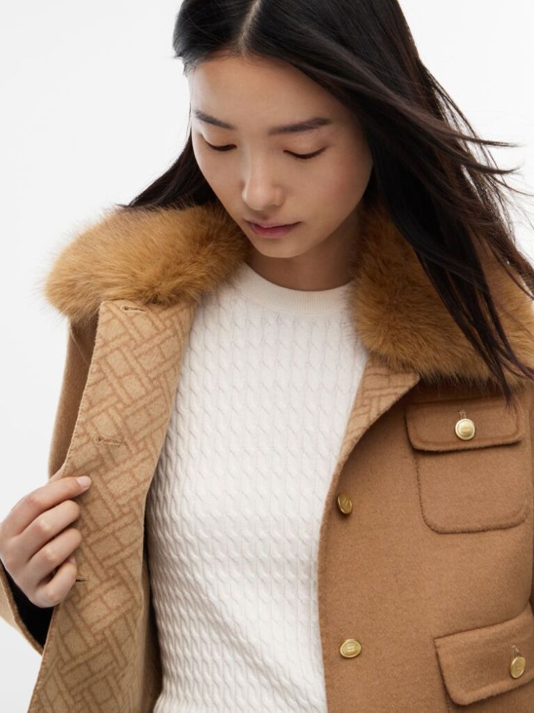 Brown Faux Fur Collar Wool Blend Jacket  Women