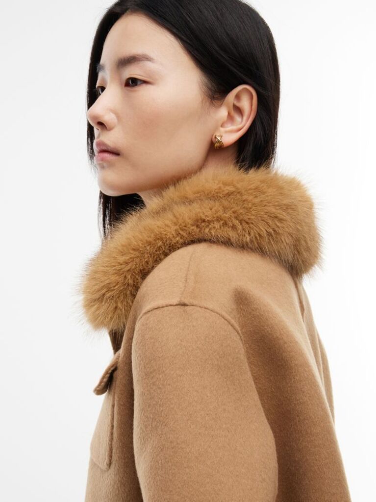 Brown Faux Fur Collar Wool Blend Jacket  Women