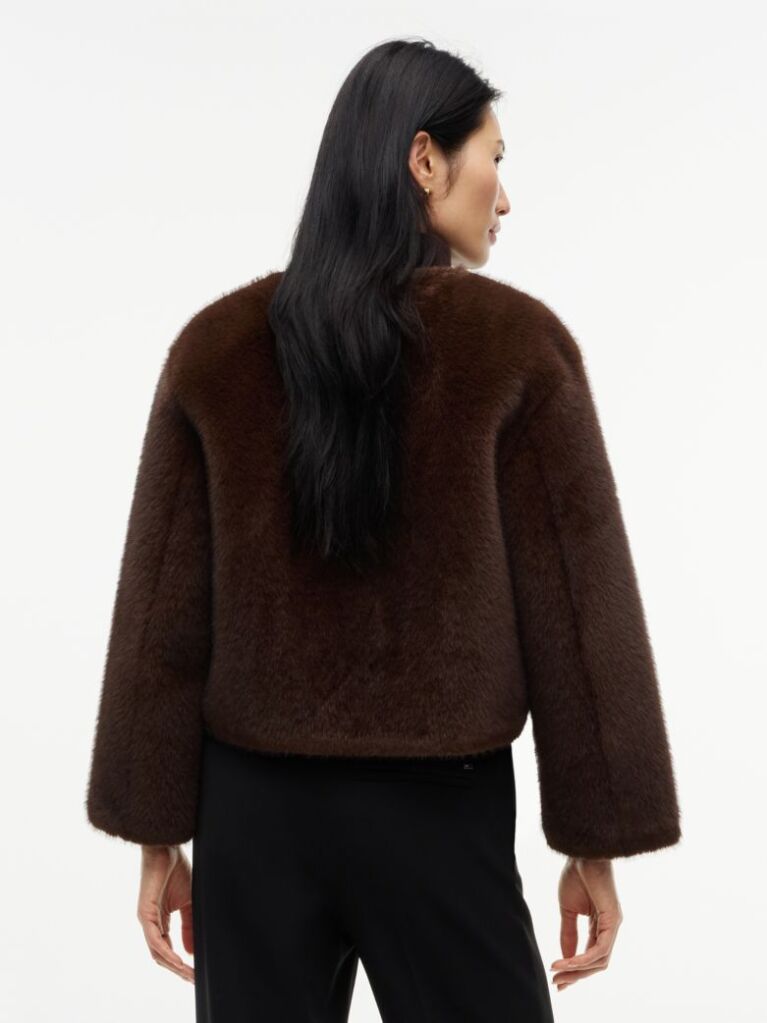 Brown Collarless Faux Fur Jacket  Women