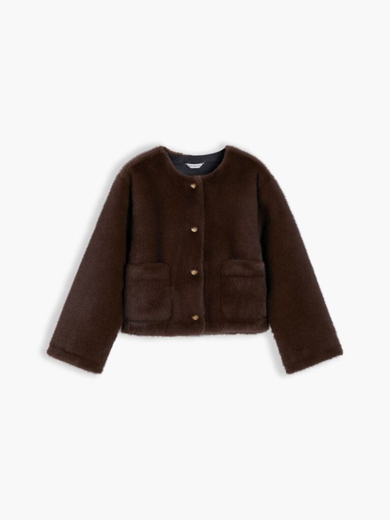 Brown Collarless Faux Fur Jacket  Women